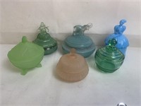 6 Victorian Glass Powder Jars, Lady Figure