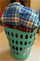 Teal hamper w/ throw blankets