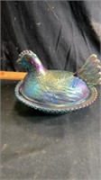 Blue carnival glass chicken on the nest