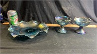 Blue carnival glass candle sticks serving dish