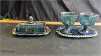 Blue carnival glass cream & sugar & butter dish