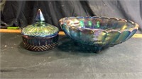 Blue carnival glass for bowl & candy bowl