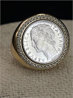 Gold Plated Sterling Silver Ring w/ 100 Lira Coin