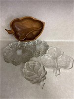 Lot of floral themed glass dishes and carved leave