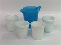 Akro Agate Blue & White Glass Child's Water Set