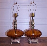 Pair of Mid century UFO amber glass table lamps