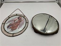 Antique Brass Beveled Mirror/Leaded Glass Angel DH