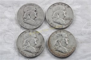 3 Franklin Half Dollars 1952, 1961D,1962D,1963D