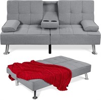 Convertible Futon Sofa  2 Cupholders - Gray