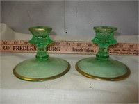 Pair of Green Depression Glass Candle Sticks