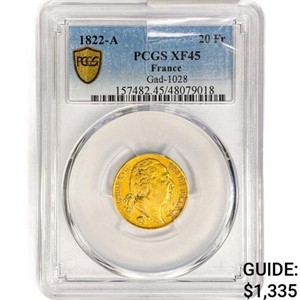 1822-A France 20 Francs .1867oz. Gold PCGS XF45