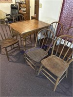 6 CHAIRS (ONE FADED), TABLE 39W X 30D X 30T,