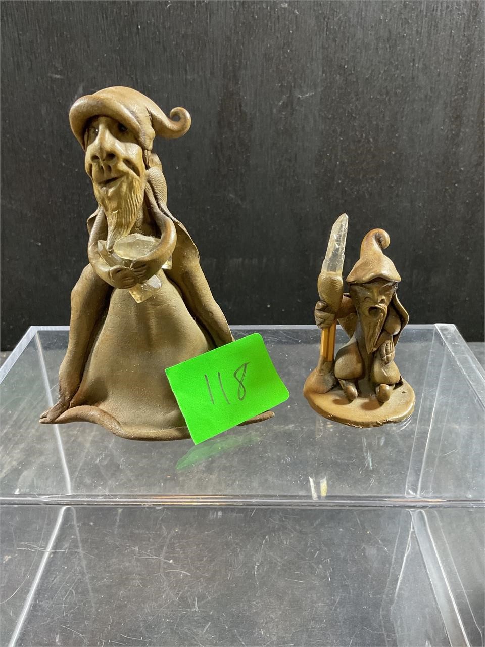 Two Brazilian fantasy clay figures with quartz