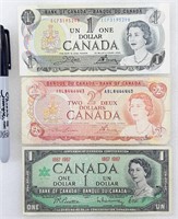 3 billets du CANADA dont 2$ 1974 + 2x 1$ 1967-1973