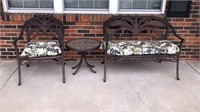 Ornate Metal Patio Set Table, Bench Chair