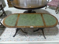 ANTIQUE MAHOGANY LEATHER INLAY, DBL PED TABLE