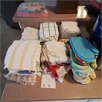 Lot of Kitchen dish towels, pot holders and aprons