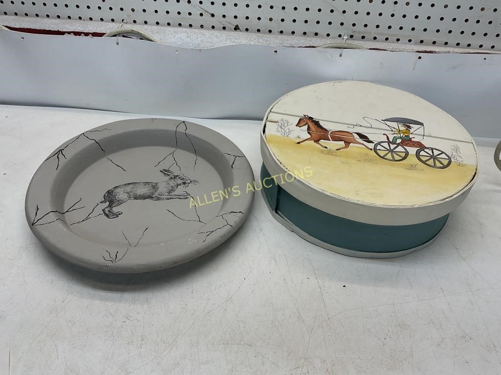 PAINTED CHEESE BOX AND RABBIT PAINTED POTTERY