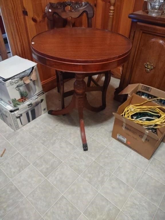 Vintage round wood pedestal table, 24" dia. x 27"