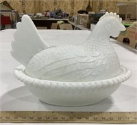 Hen-on-nest milk glass