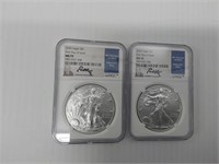 (2) 2020 MS-70 signed silver Eagles