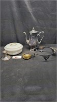 Silverplate kettle, bowl and misc