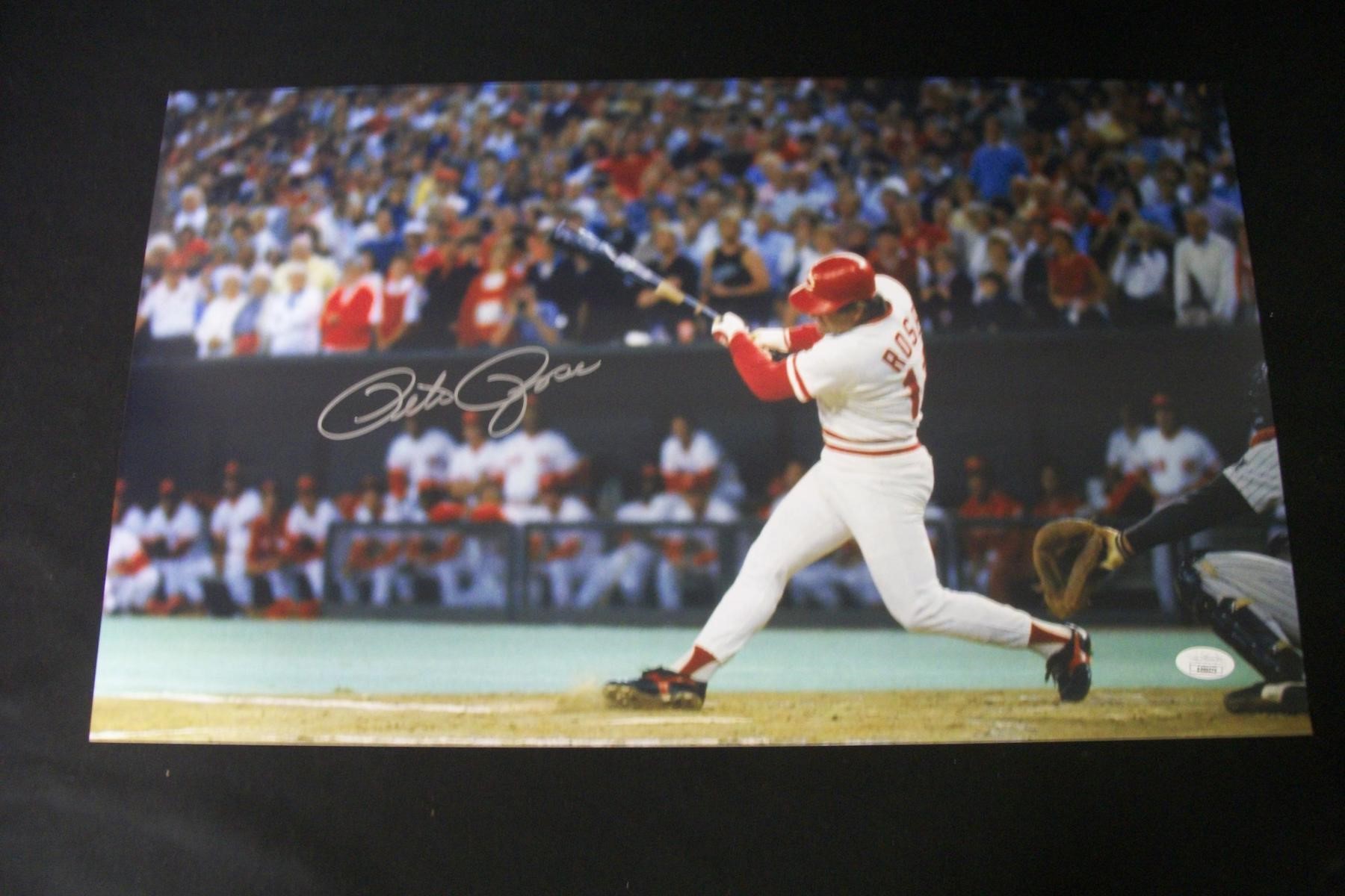 REDS PETE ROSE SIGNED 12X18 PHOTO JSA COA