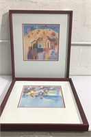 Pair of Red Wood Framed House Prints K13A