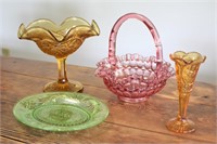 Colored Glassware-Basket, Plate, Vase, Candy Dish