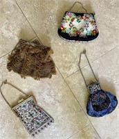 (4) Antique Beaded & Mesh Clasping Evening Bags