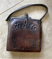 Antique Leather Work Clasping Evening Purse