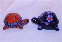 2 handpainted terra cotta turtle trinket boxes &