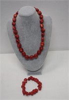 Chunky Red Coral Necklace & Bracelet