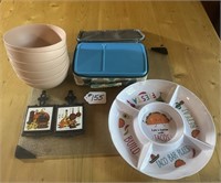 SIX BOWLS, CUTTING BOARD AND OTHER KITCHEN ITEMS