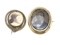2 Victorian Photo Mourning Brooches Gold Filled