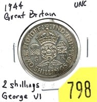 1944 British 2 shillings, Unc.