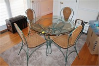 5pc Glass top table w/ wicker chairs, iron base