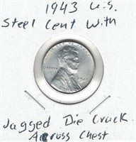 1943 U.S. Steel Cent with Jagged Die Crack Across