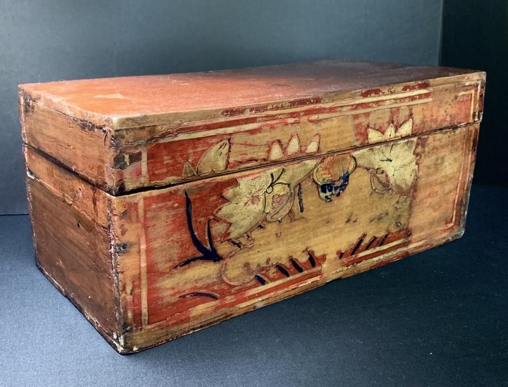 Old Asian Tea? Box Wooden w Worn Decoration