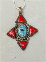 Tibetan turquoise vintage silver pendant & chain