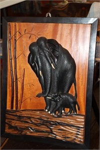Teak wood carving of Ebony elephants 14.5" X