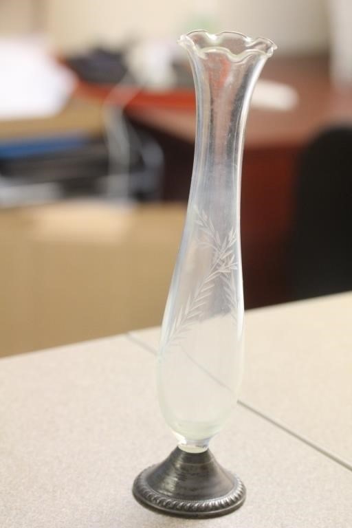 A Weighted Sterling Etched Glass Vase