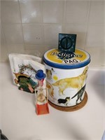 dog food tin and misc items