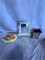 Vintage Wooden Mirror Frame, Ceramic Book Base & M