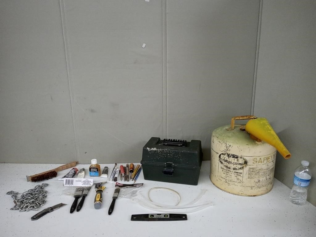 BULLET BOX,EAGLE GAS CAN,PAINT BRUSHES,CHAIN,ETC.