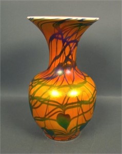 Imperial Orange Lustre with Blue Leaf & Vine Vase