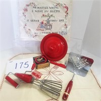 Red & white linens; various utensils