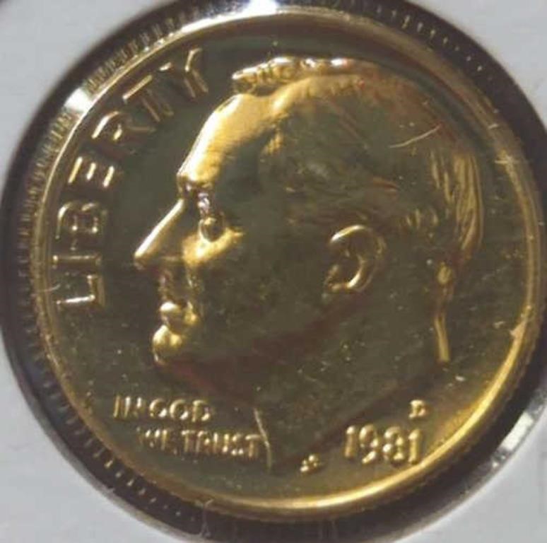 24K gold plated 1981 d Roosevelt dime