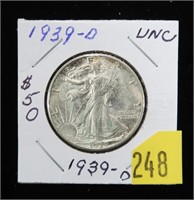 1939-D Walking Liberty half dollar, Unc.