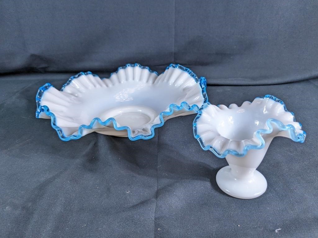Blue Crest Ruffled Bowl and Vase Milk Glass Set